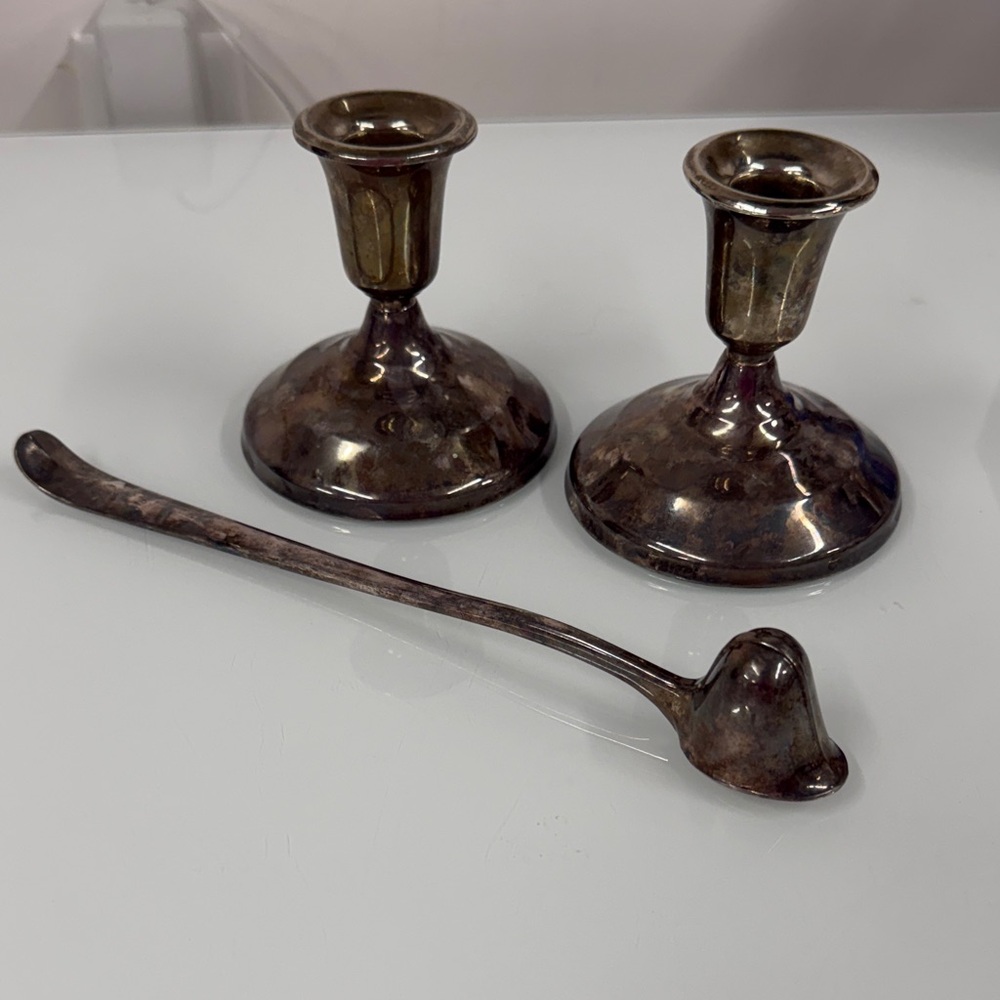 Silver Candlestick Holders and Snuffer Set